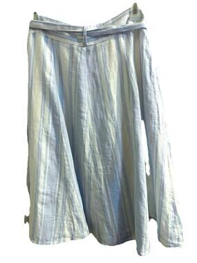 Saks Fifth Avenue 100% Linen Blue White Stripe Skirt Tie Belt Beach Cottagecore
